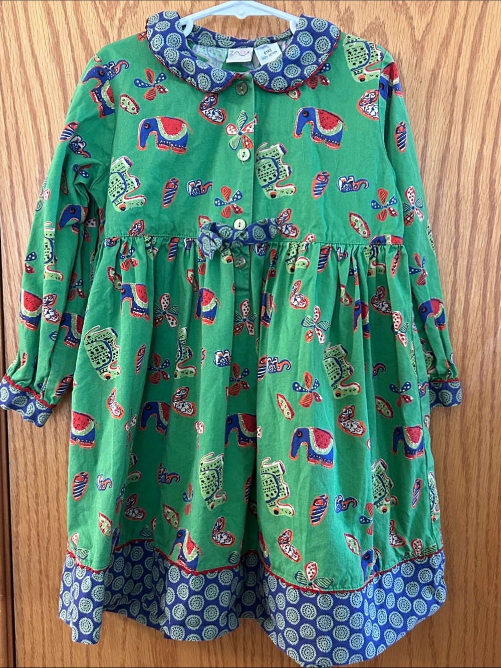 Zyno Green Elephant Boutique Print Cotton Dress with Blue Trim Sz 6